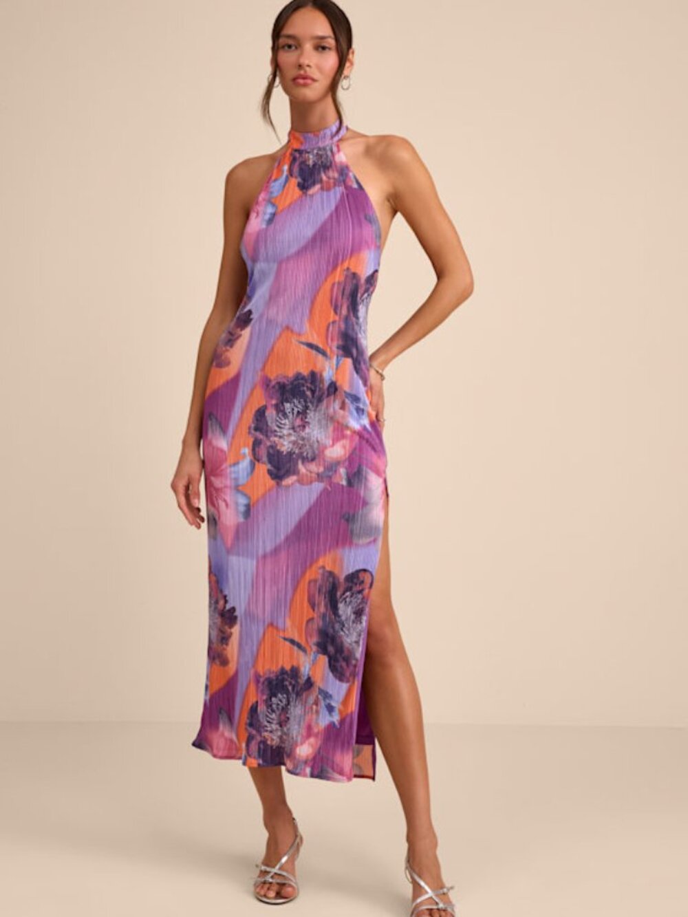 Lulus Luala Purple Multi Print Plisse Backless Maxi Dress - Size M
